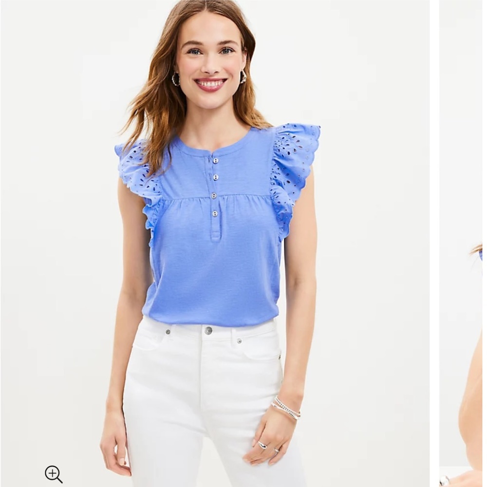 NWOT Loft Eyelet Flutter Henley Blue Mixed Media Top  size XL